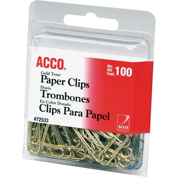 ACCO Paper Clips, Wire, No. 2, 1-1/8&quot;, Gold Tone, 100/Box