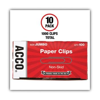 ACCO&#174; Nonskid Economy Paper Clips, Steel Wire, Jumbo, Silver, 100/Box, 10 Boxes/Pack
