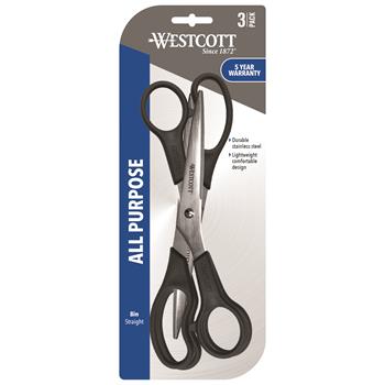 Westcott All Purpose Stainless Steel Scissors, 8 in, Straight, Pointed, Black, 3/Pack