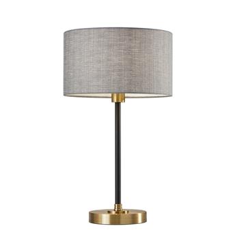 Adesso Bergen Table Lamp, 24 in H, Black and Antique Brass with Gray Fabric Shade