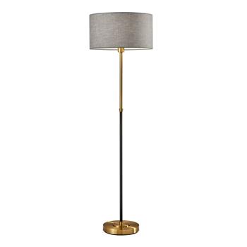 Adesso Bergen Floor Lamp, 59 in H, Black and Antique Brass with Gray Fabric Shade