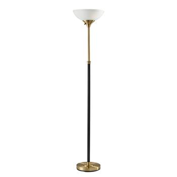 Adesso Bergen 300W Torchiere, 71 in H, Black and Antique Brass with Frosted White Glass Shade