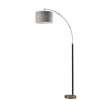 Adesso Bergen Arc Lamp, 73.5 in H, Black and Antique Brass with Gray Fabric Shade