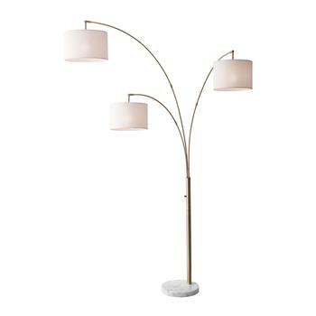 Adesso Bowery 3-Arm Arc Floor Lamp, 82 in H, Antique Brass with Off-White Fabric Shade