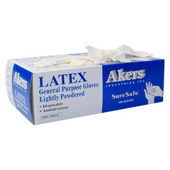 Akers Powdered General Purpose Latex Gloves, Small, 100/Box