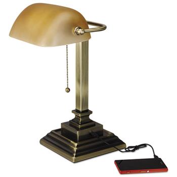 Alera Traditional Banker&#39;s Lamp with USB, 10&quot;w x 10&quot;d x 15&quot;h, Antique Brass