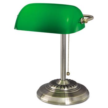 Alera Traditional Banker&#39;s Lamp, Green Glass Shade, 10.5&quot;w x 11&quot;d x 13&quot;h, Antique Brass