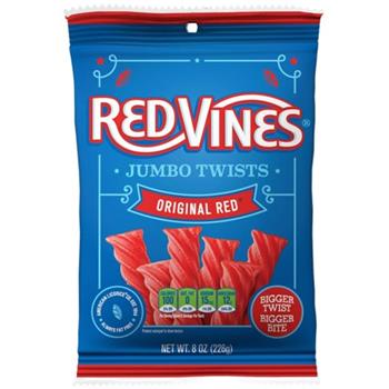 American Licorice Red Vines Jumbo Twists, Original Red, 8 oz, 12 Bags/Case