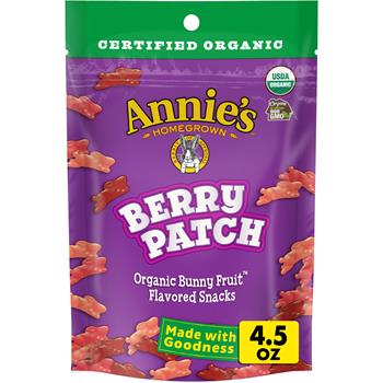 Annie&#39;s Homegrown Bunny Fruit Snacks, Fruit Berry Patch Bunny, Resealable, 4.5 oz, 8/Case