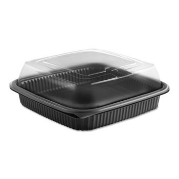 Anchor Packaging Culinary 2-Piece Microwaveable Container, Plastic, Square, 36 oz, 9&quot; L x 9&quot; W x 3&quot; H, Black/Clear, 150/Carton