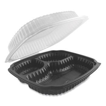Anchor Packaging Culinary Lites Microwavable 3-Compartment Container, 26 oz/7 oz/7 oz, 10.56 x 9.98 x 3.19, Clear/Black, 100/Carton