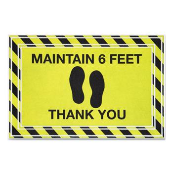 Apache Mills Message Floor Mats, 24 x 36, Black/Yellow, &quot;Maintain 6 Feet Thank You&quot;