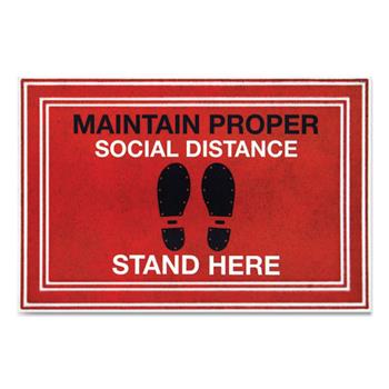 Apache Mills Message Floor Mats, 24 x 36, Red/Black, &quot;Maintain Social Distance Stand Here&quot;