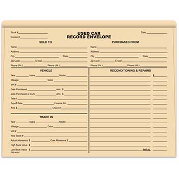 Auto Supplies Used Car Record Envelope, 100/BX