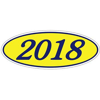 Auto Supplies Oval Year Window Sticker, 2018, Blue/Yellow, 12/PK