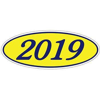 Auto Supplies Oval Year Window Sticker, 2019, Blue/Yellow, 12/PK