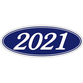 Auto Supplies Oval Year Sticker, 2021, White/Blue, 12/PK