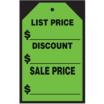 Auto Supplies Window Tag Sticker, List/Discount, Green, 7&quot; x 11&quot;, 12/PK