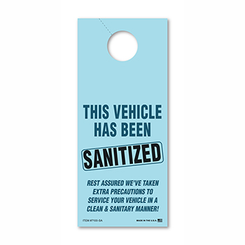 Auto Supplies &quot;Vehicle Sanitized&quot; Small Hang Tags, 3 2/3&quot; x 8 1/2&quot;, Blue, 100/PK