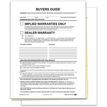 Auto Supplies File Copy Buyer Guide, Implied Warranty, 2-Part, 100/PK