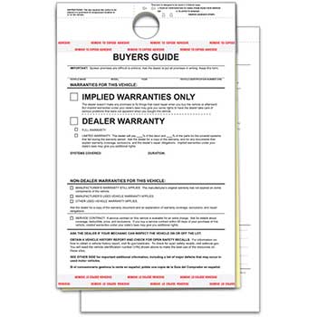 Auto Supplies Hanging Buyers Guide, Implied Warranty, 2-Part, 100/PK