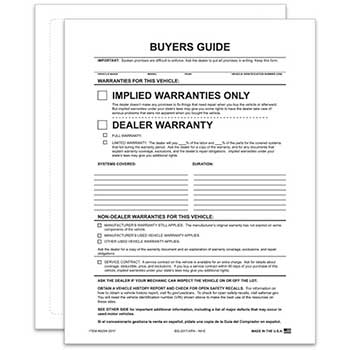 Auto Supplies Peel n Seal™ Exterior Buyers Guide, Implied Warranty, Permanent Adhesive, 100/PK