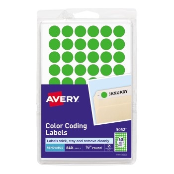 Avery Removable Color-Coding Labels, Neon Green, Handwrite Only, 1/2&quot; Diameter, 840/PK