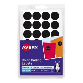 Avery Removable Color-Coding Labels, Black, Handwrite, 3/4&quot; Diameter, 1008 Labels/PK