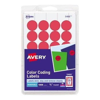 Avery Removable Color-Coding Labels, Removable Adhesive, Red, 3/4&quot; Diameter, 1008/PK