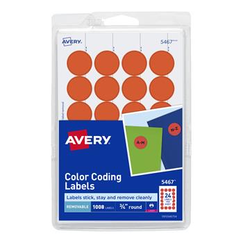 Avery Printable Color-Coding Labels, Removable Adhesive, 3/4 in Round, Neon Red, 1,008/Pack