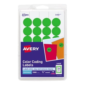 Avery Removable Color-Coding Labels, Removable Adhesive, 3/4&quot; Diameter, Neon Green, 1008/PK