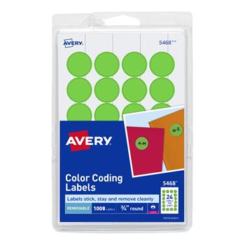 Avery Printable Color-Coding Labels, Removable Adhesive, 3/4 in Round, Neon Green, 1,008/Pack
