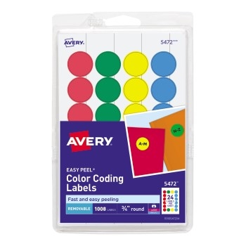Avery Removable Color-Coding Labels, Removable Adhesive, Assorted Colors, 3/4&quot; Diameter, 1008/PK
