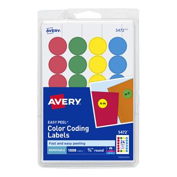 Avery Printable Color-Coding Labels, Removable Adhesive, 3/4 in Round, Assorted, 1,008/Pack