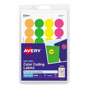 Avery Removable Color-Coding Labels,  3/4&quot; Diameter, Assorted Neon Colors, 1008/PK, 18 PK/CT