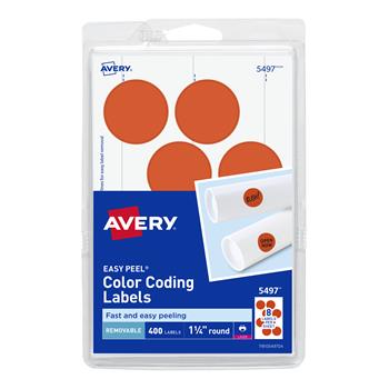 Avery Printable Color-Coding Labels, Removable Adhesive, 1-1/4 in Round, Neon Red, 400/Pack