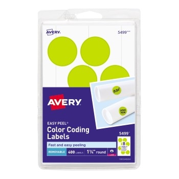 Avery Removable Color-Coding Labels, Removable Adhesive, Neon Yellow, 1 1/4&quot; Diameter, 400/PK