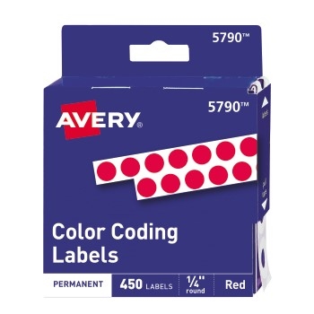 Avery Color-Coding Labels, Permanent Adhesive, Red, Handwrite, 1/4&quot; Diameter, 450/PK
