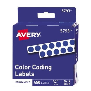 Avery Color-Coding Labels, Permanent Adhesive, Dark Blue, Handwrite, 1/4&quot; Diameter, 450/PK