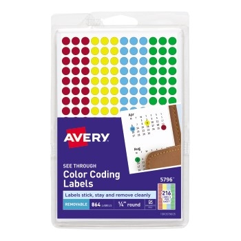 Avery Assorted Removable See-Through Color Dots ,1/4&quot; Round, Handwrite Only, Pack of 864/PK