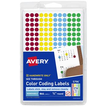 Avery See-Through Color-Coding Removable Labels, 1/4 Inch Round Labels, Non-Printable, Assorted Translucent Colors, 864/Pack