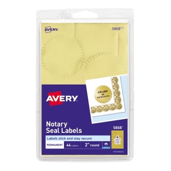 Avery Notarial Seals, Permanent Adhesive, Metallic Gold, 2&quot; Diameter, 44/PK