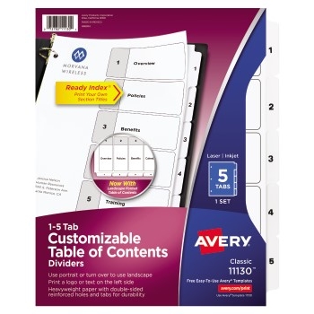 Avery Customizable Table of Contents Dividers, Printable, Preprinted Black Numbers 1-5 White Tabs