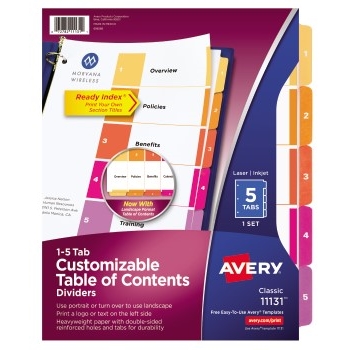 Avery Customizable Table of Contents Dividers, Ready Index&#174; Printable Section Titles, Preprinted 1-5 Multicolor Tabs