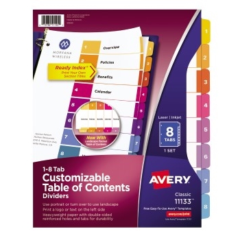 Avery Customizable Table of Contents Dividers, Ready Index&#174; Printable Section Titles, Preprinted 1-8  Multicolor Tabs