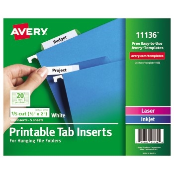 Avery Printable Tab Inserts for Hanging File Folders, 1/5 cut, 2&quot;, 100/PK