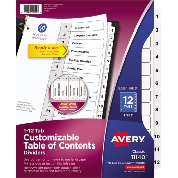 Avery Customizable Table of Contents Dividers, Ready Index&#174; Printable Section Titles, Preprinted 1-12 White Tabs
