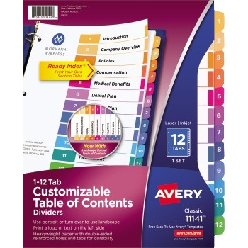 Avery Customizable Table of Contents Dividers, Ready Index&#174; Printable Section Titles, Preprinted 1-12 Multicolor Tabs