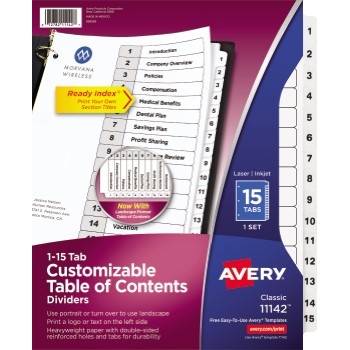Avery Customizable Table of Contents Dividers, Ready Index&#174; Printable Section Titles, Preprinted 1-15 White Tabs