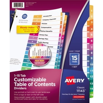 Avery Customizable Table of Contents Dividers, Ready Index&#174; Printable Section Titles, Preprinted 1-15 Multicolor Tabs